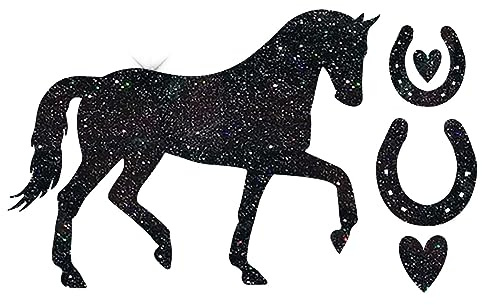 Glitzerdeals Bügelbilder Glitzer Pferd mit Hufeisen schwarz Aufbügler für Textilien Karneval Kostüm Pferd Bügelflicken Pferde Fasching Patch zum Aufbügeln Pferd