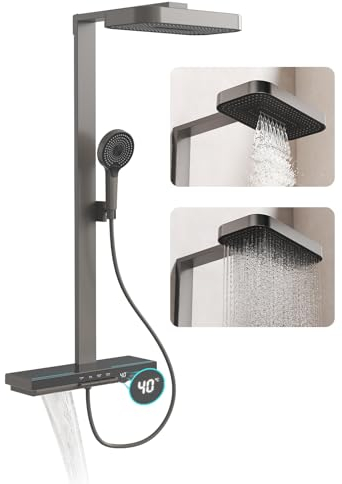Duschsystem mit Thermostat, Messing Duschset, LED-Temperaturanzeige, mit 2 Funktion Kopfbrause, Handbrause mit 4 Strahlstärken, Badewannenarmatur, Komplett Duschamaturenset, Pistolengrau