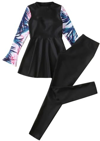 CHICTRY Costume da Bagno Musulmano Bambina Costume Islamico Anti-UV Abito da Spiaggia Manica Lunga con Pantaloni da Nuoto Hijab Arabo-Islamico Burkini Swimsuit Nero A 13-14 Anni
