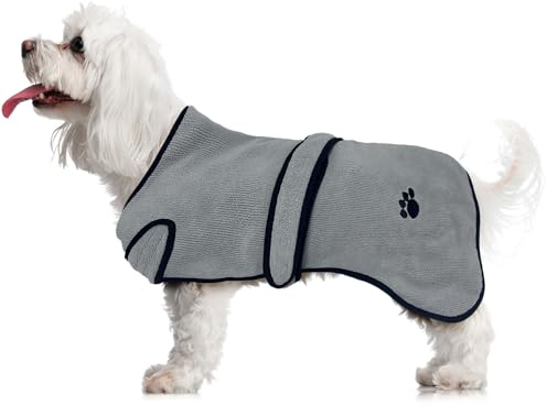 Dog Dressing Gown - Dog Drying Towel, Bath Robe, Adjustable Dry Robe bathrobe for dogs, Grey Black Gift Medium