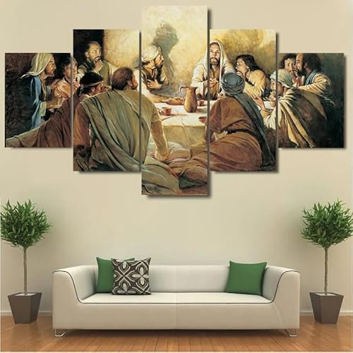 ZLCHYJ Moderne Bilder Wohnzimmer 5 Teiliger Jesus Christus & Apostel Letztes Abendmahl Poster Mit Rahmen Hd Für Heimdekoration Personalisierte Bilder Leinwandbilder XXL