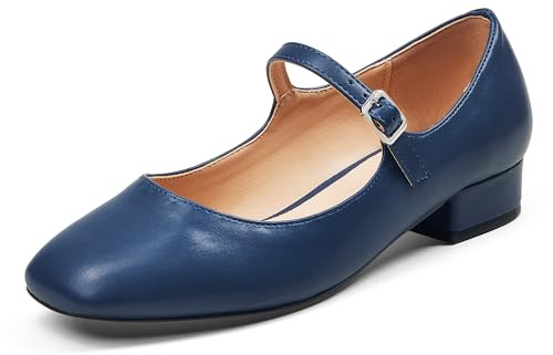 GENSHUO Mary Jane Women's Shoes, Flat Pumps with Square Toe, Comfortable and Simple, with Cushioned Insole, Navy Blue, 7 UK