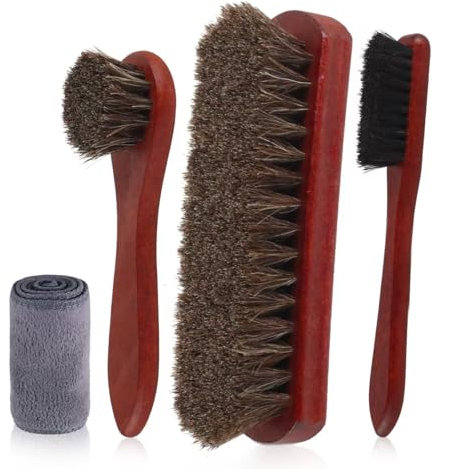 Horsehair Shoe Brush 4 Pcs 100% Horsehair Premium Shoe Cleaning Brush Kit with Microfiber Cloth Leather Boots Shoes Boots Care Cleaner Brush Leather Polish Dauber Applicator with Edge Brush