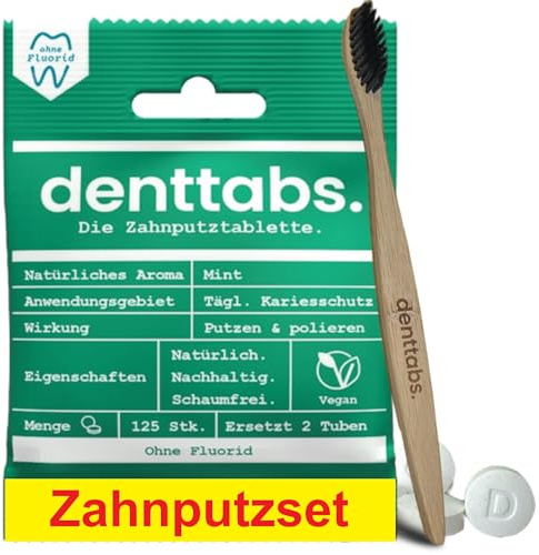 Denttabs tandborstset – tandborsttabletter mynta utan fluor 125 st. set bambu borste bambu tandborste ultramjuk