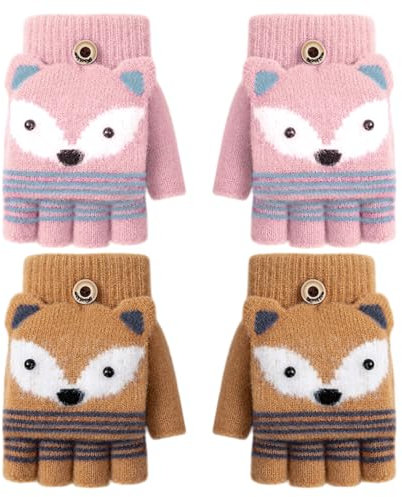 TUONYIS 2 Paar Kinder Halbfinger Handschuhe Fingerlose Fäustlinge Mädchen Jungen, Cartoon Kinder Winter Fäustlinge Kinder Fingerlose Fingerhandschuhe mit Flip Top für 3-9 Jahre (Braun, Rosa)