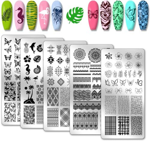 PH PandaHall Juego de 5 placas de estampación de uñas, diseño de mariposa, arte de uñas, plantillas de acero inoxidable, para primavera, verano, mujeres, diseño DIY 12 x 6 cm