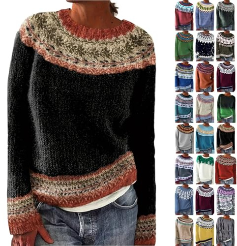 Suéter noruego para mujer, de invierno, de gran tamaño, cuello redondo, manga larga, de invierno, cálido, tallas grandes, patrón noruego, jersey de punto grueso, rojo, 4XL