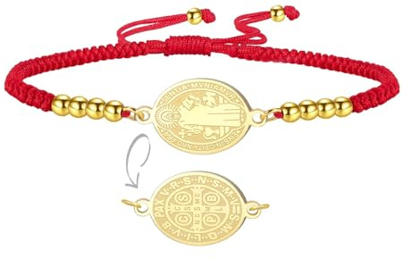 EUEAVAN Bracelet médaille Saint Benoît Bracelet San Benito double face en corde rouge porte-bonheur fait main Croix Saint Patron Amulette Bijoux chrétiens catholiques Cadeau religieux (Or-rouge)