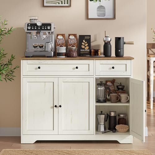 VASAGLE Buffet, Meuble de Rangement en Bois, 3 Portes et 2 Tiroirs, 106.8 x 40 x 80 cm, Blanc Nuage, Bahut pour Salon, Salle à Manger et Entrée, Collection Siren LSC531WJ01