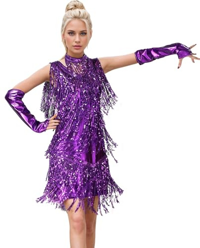 Vestito Sexy Donna Chic, Abito Da Sera Retrò Con Frange E Paillettes Di Alta Qualità Danza Da Sera Con Paillettes Petite, viola., M