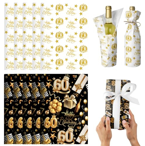 POPOYU Svart guld födelsedagspresent omslagspapper, gör-det-själv presentinslagningskit för män, kvinnor, 5 premium glansigt belagda omslagspapper, 5 silkespapper och 5 satinband för 60:e