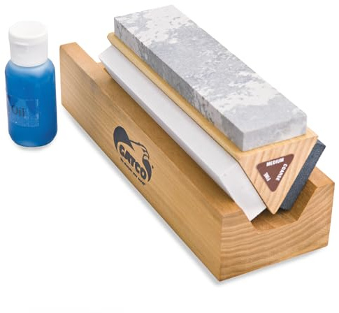 Gatco Arkansas Tri-Hone Sharpening Stone System – 3 Grit Knife Sharpening Kit with Soft, Medium & Coarse Stones, Honing Oil & Wood Base for Knives, Chisels, Blades, Straight Razors & Outdoor Tools