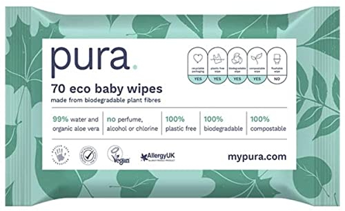 Pura Salviette Neonato, 60 Salviette (Confezione da 1), 99% Acqua, 100% Senza Plastica, Adatte per Pelle Sensibile e Senza Profumo, Aloe Vera, Neonati, Biodegradabili, Vegan