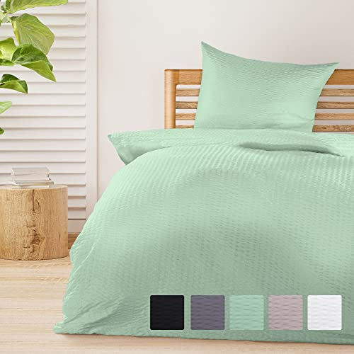 Beautissu 2tlg Seersucker Bettwäsche 135x200 cm Sommer & Kopfkissen Bezug 80x80 cm – Bügelfrei Bettwäsche-Sets Bettbezug Sommerbettwäsche 135x200 – Hautfreundlich Bettwaren & Bettwäsche Grün – Meline
