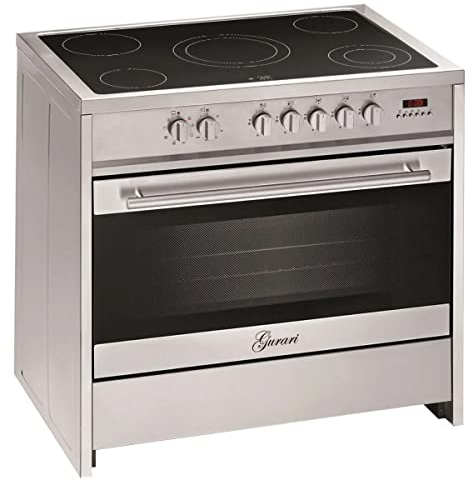 GURARI Elektro Standherd 90 cm GCH E 912 X Glaskeramik Herd Range Coocker 121 L | Heißluft | Grill | 5 Hi-Light Zonen Kochfeld | Teleskopauszug | Edelstahl Grau/Silber