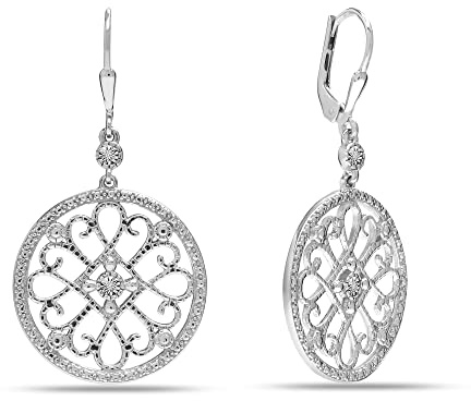 LeCalla 925 Sterling Silver Drop Earrings | Openwork Round Large Jewelry | 0.03 Carat Lab Grown Diamond Leverback Drop Dangle Earrings for Women - 45MM