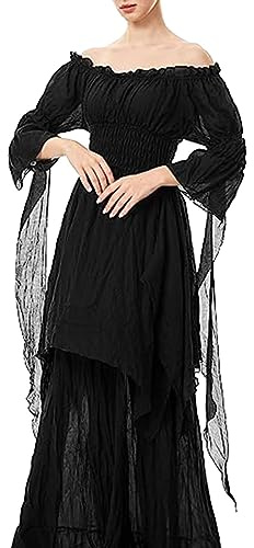 Sangdut Women’s Retro Medieval Costume Renaissance Dress with Ruffle Sleeves, Sexy Halloween Party Costumes Gothic Victorian Long off Shoulder Dress(Black,3XL)