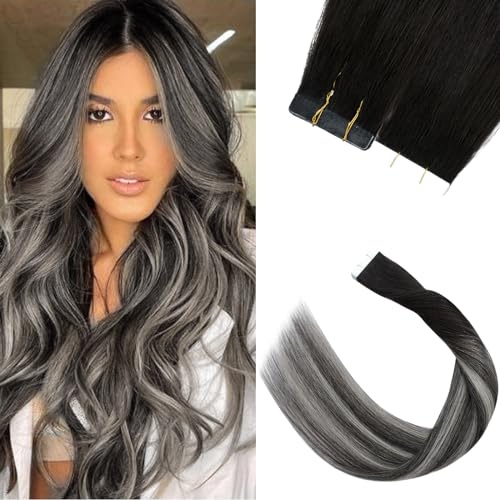 45cm - Silk-co Extensiones Adhesivas de Pelo Natural Sin Clip (1.5g*20pcs) Tape in Hair Extensions Cabello Humano con Cinta Adhesiva - #1BT1BPGREY Negro Natural mezclado con Gris
