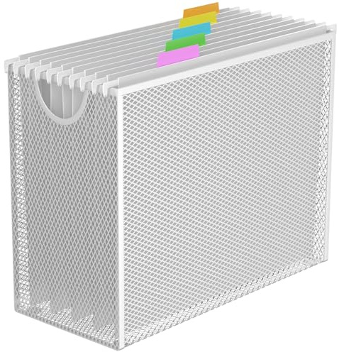 GoldOrcle Hanging File Organizer, Letter-Size File Holder Filing Box with 5 Hanging Folders, Metal Mesh Desk File Folder Storage(No Assembly Required) (White, with 5 Grey Folders)