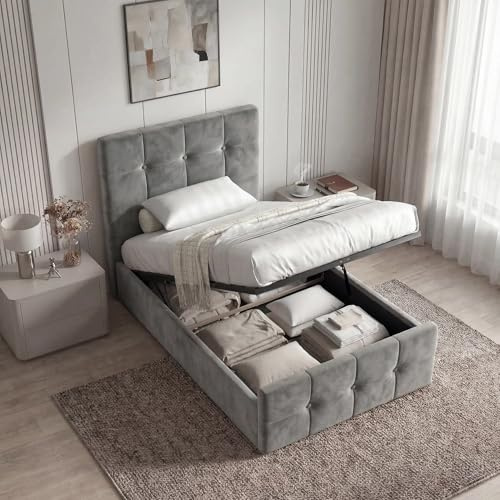 Blisswood Single Ottoman Bed with Mattress Included, 3ft Velvet Upholstered Bed Frame, Gas Lift End Opening Storage, Space Saving Design, Wooden Slats, Metal Support UKFR Certified Mattress, Dark Grey