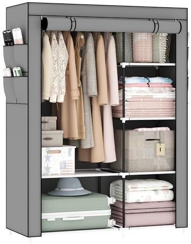 OPPAIYA Canvas Wardrobe, Pop Up Fabric Wardrobe with Shelves and Hanging Rail,Great temporary wardrobes for bedrooms, portable wardrobes, 105 x 45 x 165 cm, gray