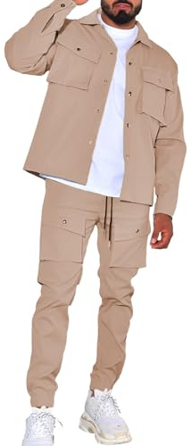 amropi Uomo Completi 2 Pezzi Giacca Bottone e Pantaloni Cargo Tuta da Ginnastica con Tasche Marrone, XS