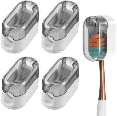 4 Stück Zahnbürste Abdeckung, Tragbares Reise Zahnbürste Schutzkappe Plastik Zahnbürstenschutz Zahnbürstenhalter mit selbstklebender Rückseite für Familienreisen Camping Badezimmer Schule(Lichtgrau)