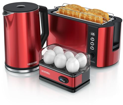 Arendo - Wasserkocher Toaster Eierkocher Set - Edelstahl Wasserkocher mit Temperatureinstellung - Toaster 4 Scheiben Langschlitz - Eierkocher 1-6 Eier - Küchenset in Rot