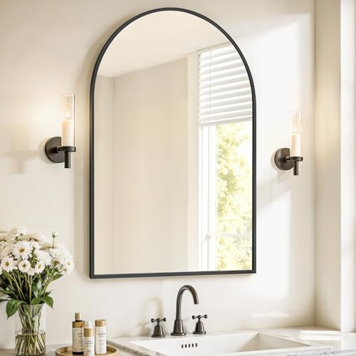 SONGMICS Bathroom Mirror, Wall Mounted Vanity Mirror, Arched, Aluminium Frame, 91 x 61 cm, with Safety Film, Easy Installation, for Living Room, Bedroom, Bathroom, Ink Black LWM011BD01