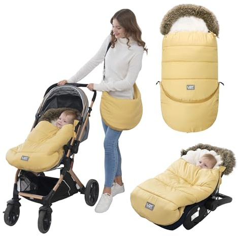 Sacco Termico Invernale per Passeggino Universale, Coprigambe Passeggino Universale con Sezione di Prolunga Staccabile, Impermeabile Sacco Passeggino Invernale (Colletto di Pelliccia, Giallo)