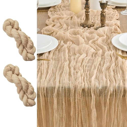 LUKDUNG 2 Stück Tischläufer, Seihtuch Tischläufer, Boho Gaze Stoff Käsetuch, Rustikaler Tischdecke für Hochzeitsdeko Tischdeko, 90 x 300 cm (Dunkelbeige, 90 x 300 cm, 2 Stück)