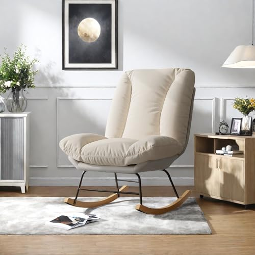 Gungstol, relaxstol, relaxfåtölj med justerbart ryggstöd, 5 fack justerbar lutning, modern relaxfåtölj, amningsstol för balkong, trädgård, vardagsrum, linne + teknisk duk (beige-G)