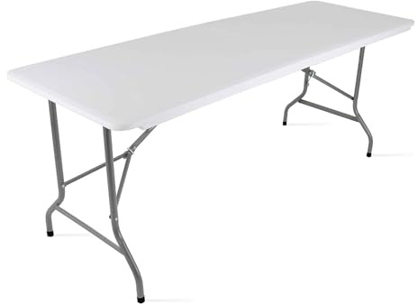 A2Z 6FT Folding Table Heavy Duty White Plastic Trestle Table for Indoor Outdoor Use Portable Fold-in-Half Design with Carry Handle Iron Frame Camping Catering Events Workstation