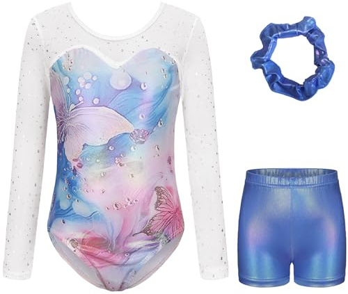 Sinooem Dreiteilige Gymnastikanzüge Für Mädchen Langärmelig Gymnastik Trikot Set mit Shorts und Haarband, Gymnastik Outfit Glitzernde Schmetterlinge für 5-12 Jahre