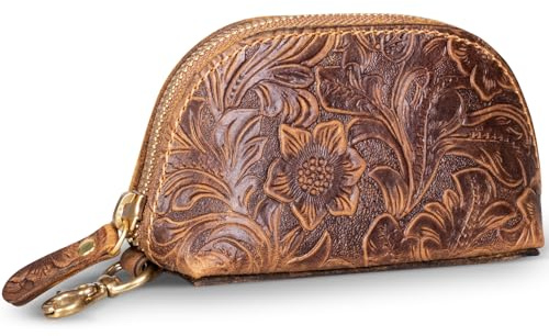 Gexmil Echtleder Münzbeutel mit Reißverschluss, Mini Münztasche | Echtes Leder, Geldbörse aus Vollrindleder, Kreditkartenetui leichtgewichtig für Damen & Herren,Blume Braun