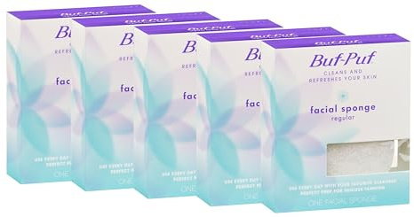 Buf-Puf Facial Sponge, Dermatologist Developed, Removes Deep Down Dirt & Makeup That Causes Breakouts and Blackheads, Reusable, Exfoliating, White, 5 Count