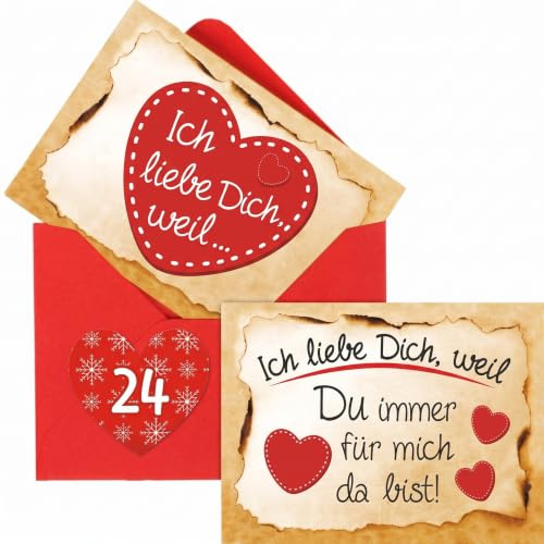 Adventino Adventskalender mit 24 Karten Ich liebe Dich, weil ... in 24 roten Umschlägen für Männer, Frauen, Paare