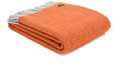 Tweedmill Textiles 100% Pure Wool Blanket Illusion Design in Pumpkin Orange and Silver Grey | Made in UK Warm & Soft Natural Wool Throw