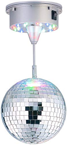 Lunartec Spiegelkugel: Selbstdrehende Discokugel mit Sockel und 18 farbigen LEDs, Ø 15 cm (Discokugel Batterie, batteriebetrieben, LED Leuchten)