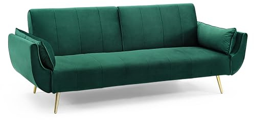 invicta INTERIOR Retro Schlafsofa DIVANI 220cm smaragdgrün Samt goldene Füße Bettfunktion 3er Sofa Schlafcouch Schlaffunktion Couch