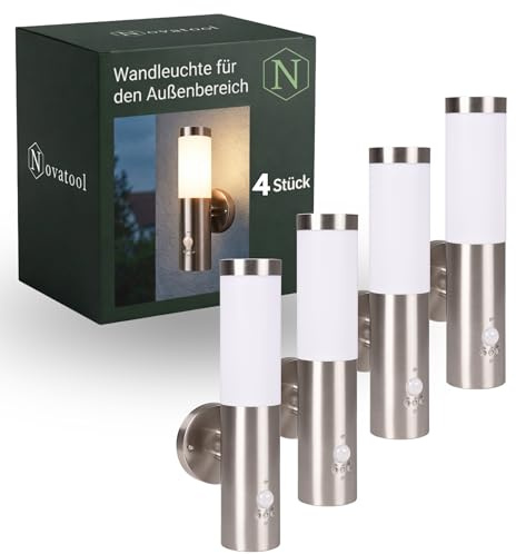 Novatool 4x Außenleuchten Edelstahl mit Bewegungsmelder I IP44 I E27 Sockel I 7,8x14,5x36 cm I Außenlampe für Terasse Aussenleuchten Haus Wandleuchte Aussenbeleuchtung Lampen Außenbereich