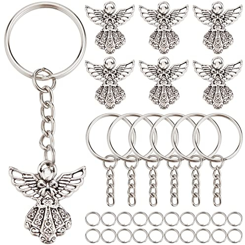 SUNNYCLUE 1 Box 90pcs Diy 30 set Schutzengel Charm Schlüsselanhänger Weihnachtsengel Charms Masse Tibetische Feenflügel Schlüsselanhänger Bausatz Doppelschlaufe Rund Verschüttete Metall Biegeringe Sch