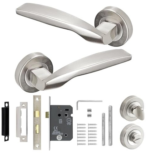 Decoranddecor Brushed Chrome Door Handles Lever On 54mm Rose Alloy with Bathroom Lock Kit