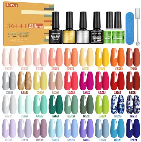 LEVIPE Smalto Semipermanente Unghie, 42Pz Smalti Semipermanenti per Unghie con Base Coat e Glossy & Matt & Cat-Eye Topcoat e Remover Semipermanente unghie, Smalto per Unghie in Gel UV LED 8ml