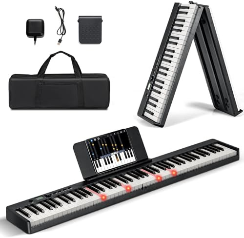 RELAX4LIFE Pianoforte Digitale 88 Tasti Semi-Pesati Pieghevole e Portabile con Custodia, Leggio, Sustain Pedali, Modalità di Insegnamento,MP3/USB/MIDI/Bluetooth, Nero