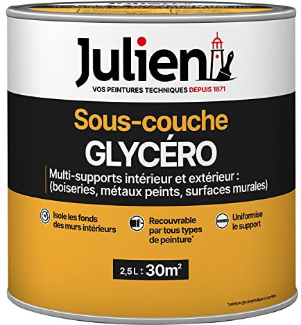 Julien Peinture Sous-Couche - Glycéro Intérieur et Extérieur - pour Pièces Sèches et Humides - Blanc Mat 2,5L