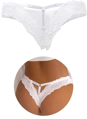 comeondear String Femme Sexy Chic Hot Grande Taille Tanga Dentelle Culotte Doublure en Coton Respirante Slips Bresilien Taille Basse Stretch sous-vêtements Feminins Shorty Thong Lot de 1 Blanc,L