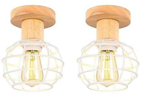 LIGKIN 2 Stücke Vintage Lampe Deckenleuchte Hängelampe, E27 Holz Lampenschirm Deckenlampe, Ø13,5CM Rustikal Industrielle Deckenleuchten für Schlafzimmer Wohnzimmer Flur Korridor(Weiß)