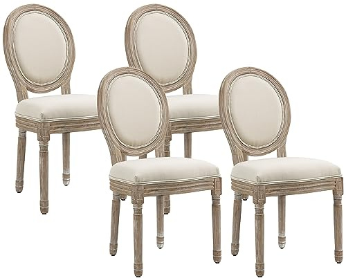 HOMCOM Lot de 4 chaises de Salle à Manger - Chaise de Salon médaillon Style Louis XVI - Bois Massif sculpté, patiné - Aspect Lin Beige
