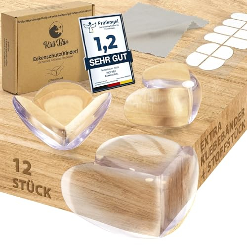 Kidi Bär Eckenschutz Baby12 Stück Rund Kantenschutz inklusive zusätzlichen Klebestickern + Stoff 10x10cm | Selbstklebend | Rückstandslos Entfernbar | Eckenschutz | für alle Möbel | Weich &Transparent